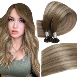 Easyouth #3/8/22 Real Hair Extensions, Balayage, Bondings, Dark Brown, Medium Brown and Medium Blonde Mix, Remy Straight Extensions, 55 cm, 50 g, 50 Pieces