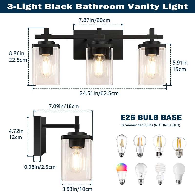 Spiglamm 3-Lights Bathroom Vanity Light Fixtures, Modern Black Vanity Lights
