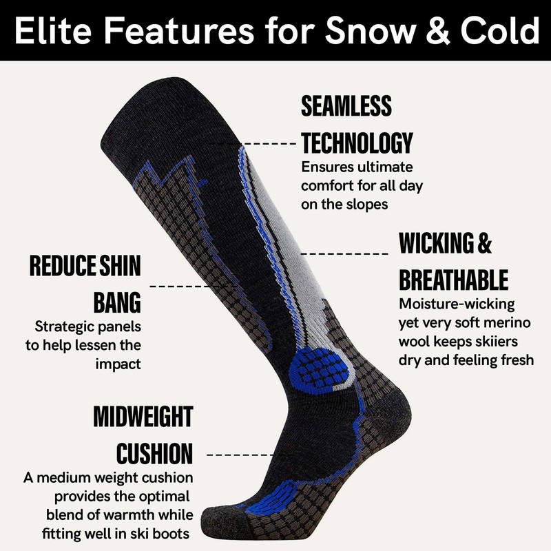 Pure Athlete High Performance Wool Ski Socks - Thermal Warm