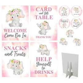 80 Pcs Pink Elephant Baby Shower Decorations Girl Party - 4 Table Centerpieces Welcome Sign, 36 Elephant Cupcake Toppers, 40 Thank You Stickers