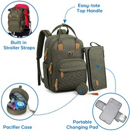 Diaper Bag Backpack with Portable Changing Pad, Pacifier Case and Stroller Straps, Dikaslon Large Unisex Baby Bags for Boys Girls, Multipurpose Travel Back Pack for Moms Dads, Army Green