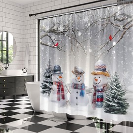 Merry Christmas Shower Curtain Winter Snowman Xmas Tree Red Bird Snowflake Snowy Forest Holiday Fabric Bathroom Decor Curtains with Hooks,70 x 70