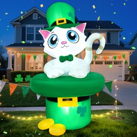 5.3 FT St Patricks Day Inflatable Outdoor Decorations, Blow Up St. Patrick’s Day Cat Sitting in a Hat with Gold Coins Yard Decor, Built-in LED Lights Patrick Holiday Decoration for Outside Lawn Garden