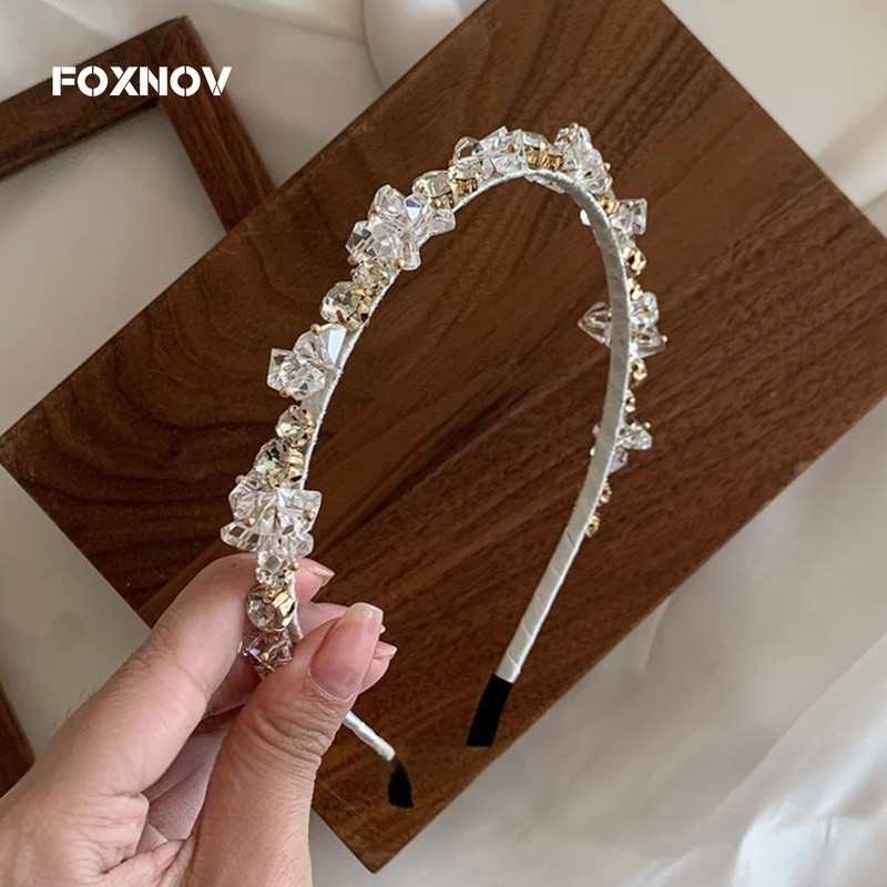 FOXNOV カチューシャ 手作り ヘアバンド ホワイトクリスタル＆ラインストーン 上品な輝き 痛くない高弾性 可愛い 花びら 髪飾り