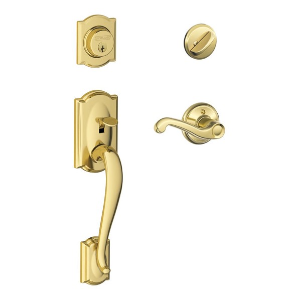 SCHLAGE Camelot Single Cylinder Handleset and Right Hand Flair Lever, Bright Brass (F60 CAM 505 FLA 605 RH)