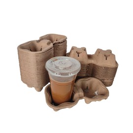 Disposable 2 Cup Drink Carrier Trays, Biodegradable Pulp Fiber Coffee Carry Tray, Compostable No Spill Drink Cup Holder for Hot Cold Beverages, Car, Food Delivery, Restaurants and Cafes Shop (50 Pack)