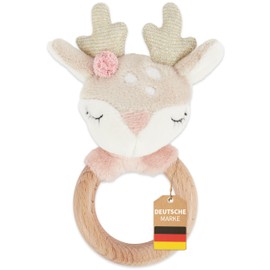 Bieco Baby Ring Rattle | Deer Diameter 10 cm | Length 17 cm | Rattle Toy with Wooden Ring | Sensory Toy | Baby Toy 0-6 Months | Fabric Rattle |