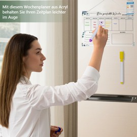 Weekly Planner, Wipe Clean, Acrylic Food Planner for Household, 30 x 20 cm, Family Planner with 6 Whiteboard Pens, Household Planner for Hanging, To Do List for Household in German