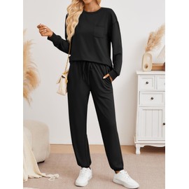 AUTOMET Sweatsuits for Women 2 Piece Track Suit Comfy Crewneck Lounge Sets with Sweatpants 2025 Fall Outfits Black XL