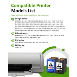 21XL 22XL Ink Cartridges Replacement for HP 21 22 Ink for Deskjet F335 F380 F4180 F2210 D1420 D1520 D1530 D1560 PSC1410 Officejet 4315 J3680 Printer (2-Pack 1Black/1Tri-Color)