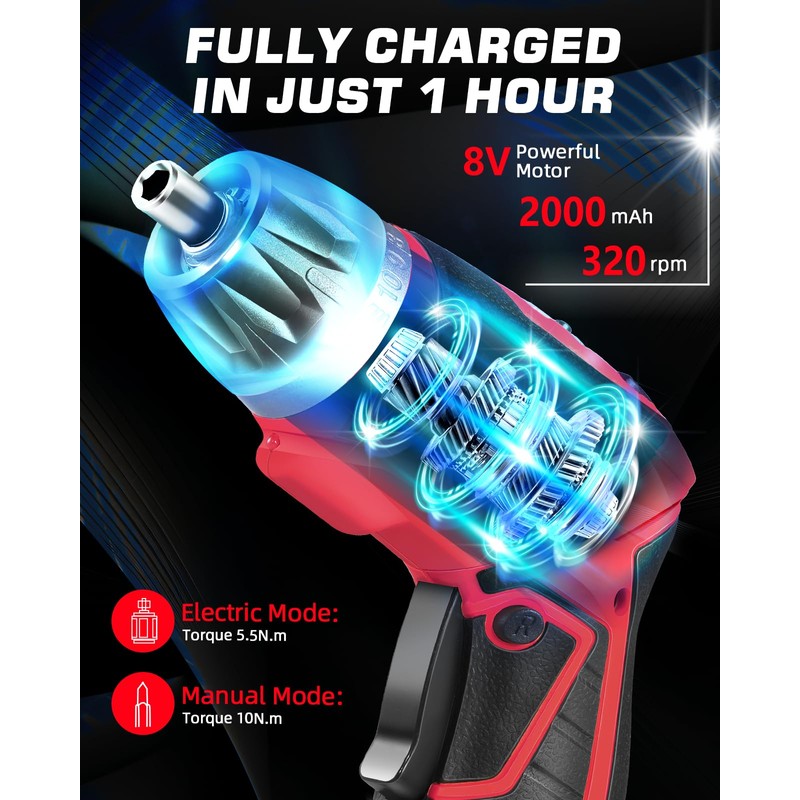 DuroFort Cordless Electric Screwdriver Set, 8V 10Nm Rechargeable Power Electric