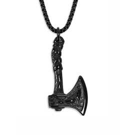 HAQUIL Viking Battle Axe Necklace, Black Plated Stainless Steel Wolf Raven Axe Amulet Pendant, Box Chain, Viking Jewelry for Men