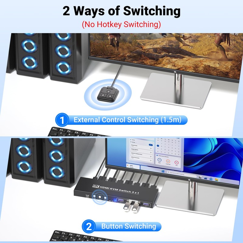 8K60Hz 4K120Hz KVM Switch 1 Monitor 3 Computers, 3 Port