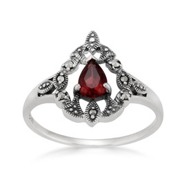 925 Sterling Silver Victorian Mozambique Garnet & Marcasite Ring