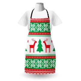 Ambesonne Christmas Apron Pack of 2, Knit Style Graphic Reindeer Star and Snowflake Holiday Family Theme, Unisex Kitchen Bib with Adjustable Neck, 2 Pcs - Adult Size, Red Green White