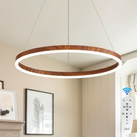 Modern LED Chandelier, 1-Ring LED Pendant Light Fixture with Remote Control, Farmhouse Wood Painted Round Chandelier for Dining Room, 20 Inches Circle Hanging Light for Foyer Kitchen