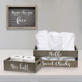 Elegant Designs HG3000-RGC Three Piece Decorative Wood Bathroom Set Large, Cheeky (1 Towel Frame, 1 Toilet Paper Holder), Rustic Gray