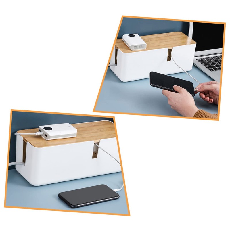 KICHOUSE Cable Storage Box Bamboo Lid Power Line Manager for