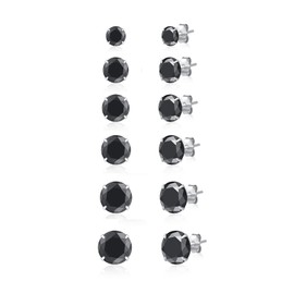 SILBERTALE 4/5/6 Pairs 925 Sterling Silver Black Cubic Zirconia Stud Earrings Set 3-8 mm for Men Women, Sterling Silver