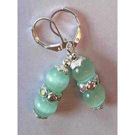handcrafted SEAFOAM CAT EYE & CRYSTAL drop earring SP LEVERBACK handcrafted