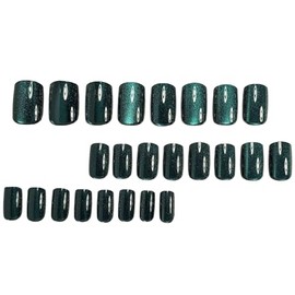 Advanced purple gradient style,Short almond-shaped nails,12 sizes - 24 nail kit with jelly glue + rubbing strips (Simple and elegant green solid color cat's eye)