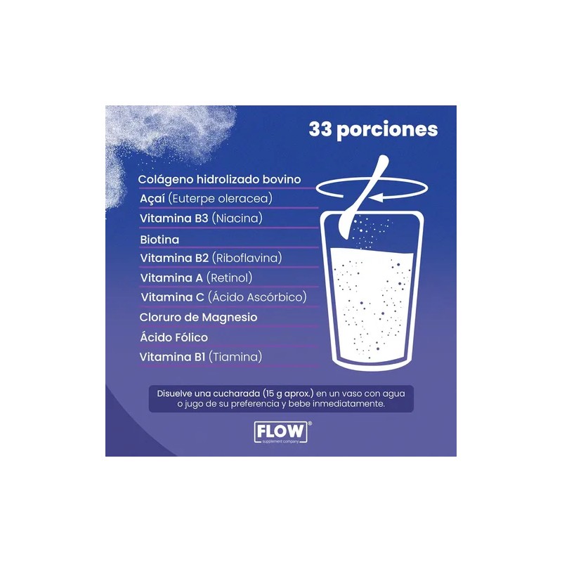 Colágeno Hidrolizado Cloruro De Magnesio 500 Grs Flow Sabor Açaí