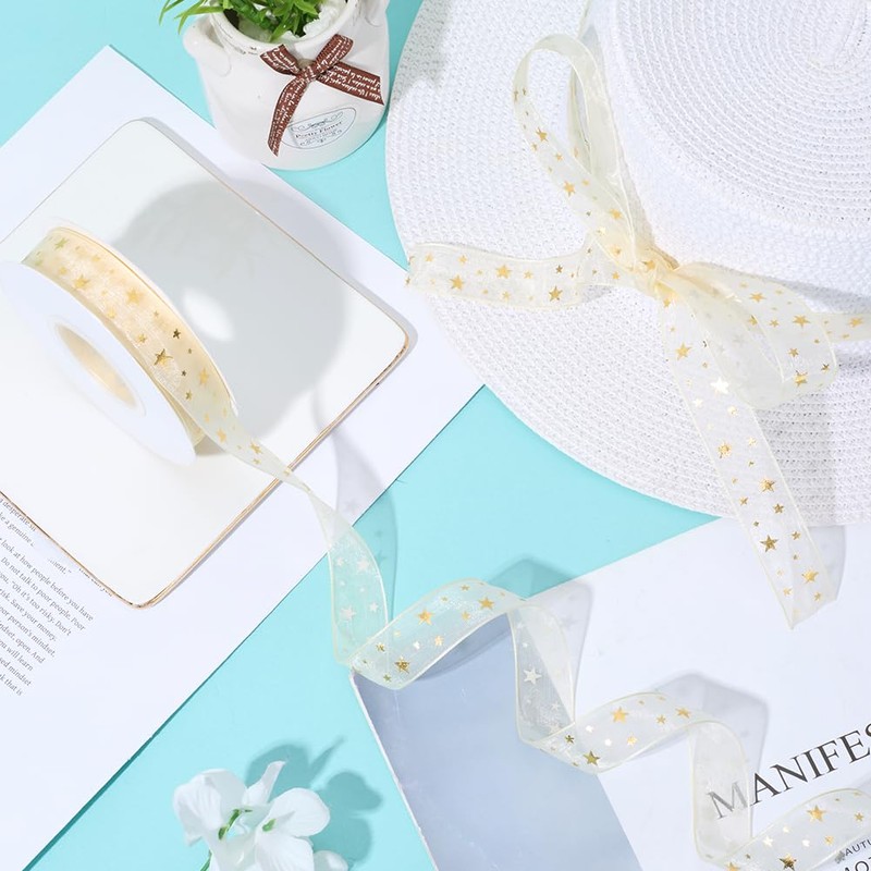 CABODYALS 25 Yards 3/4 Inch Gold Star Print Ribbon Stars