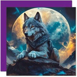 Wolf Birthday Card - Beautiful Wolf Moon Greeting Card - 145 x 145mm