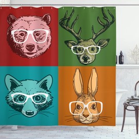 Ambesonne Cabina Cortina de Baño, Caras de Los Animales con Los Vidrios, Paño Conjunto de Decoración de Baño de Tela y Ganchos, 75" Alto, Multicolor