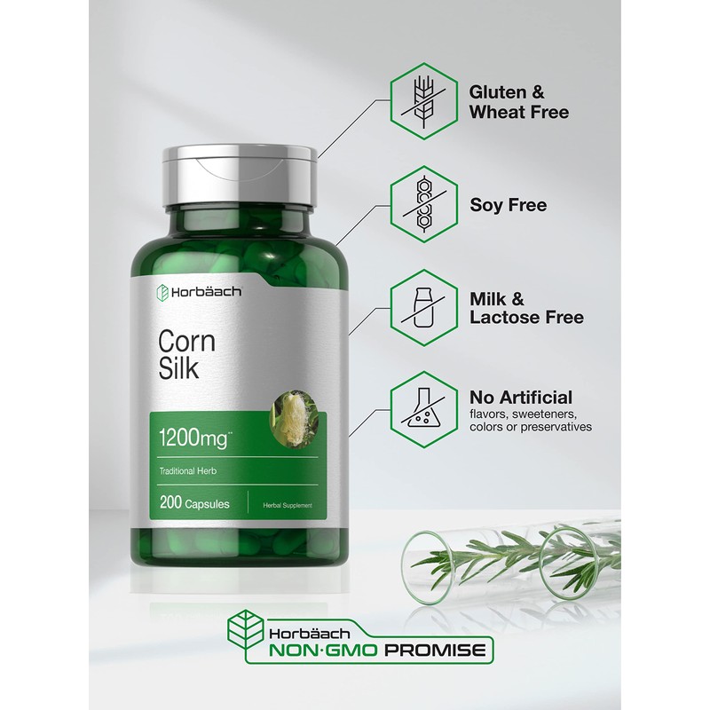 Horbäach Corn Silk Capsules 1200mg | 200 Count | Non-GMO,