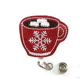 Christmas Hot Cocoa Cup Felt Badge Reel, Cute Holiday Hot Cocoa Mug Badge Clip, Nurse Retractable ID Badge Holder, Teacher Badges, Pediatric Badges, Holiday Glitter Snowflake Mug Feltie Badge Holder