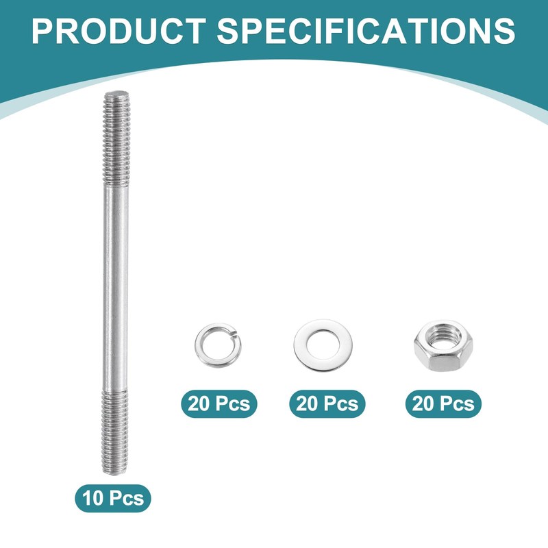 sourcing map 10pcs Double Ended Stud Screws, M6x80mm 304 Stainless