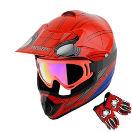 WOW Youth Kids Motocross Helmet BMX MX ATV Dirt Bike Helmet Spider Red + Goggles + MG Youth Red Glove Bundle
