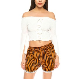 Kendindza Women's Summer Shorts Floral Print Cuffs for Tying, brown