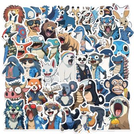 50PCS Funny Blue Animals Stickers, Cute Cartoon Wolf Monkey Koalas Foxes Stickers for Water Bottle Guitar Phone Laptop,Vinyl Waterproof Wildlife Decals for Boys Girls Teens