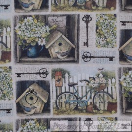 Springs Creative BonEful FABRIC FQ Cotton Quilt VTG Blue Bird Green House Flower Garden Patchwork