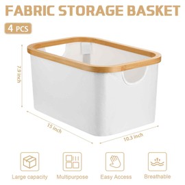 4 Pcs Collapsible Storage Basket with Bamboo Handles 15"x10.3"x7.9" Foldable Fabric Storage Bins for Organizing Shelves Nursery Closet Bedroom Blankets Toys Storage Organizer Containers(White)