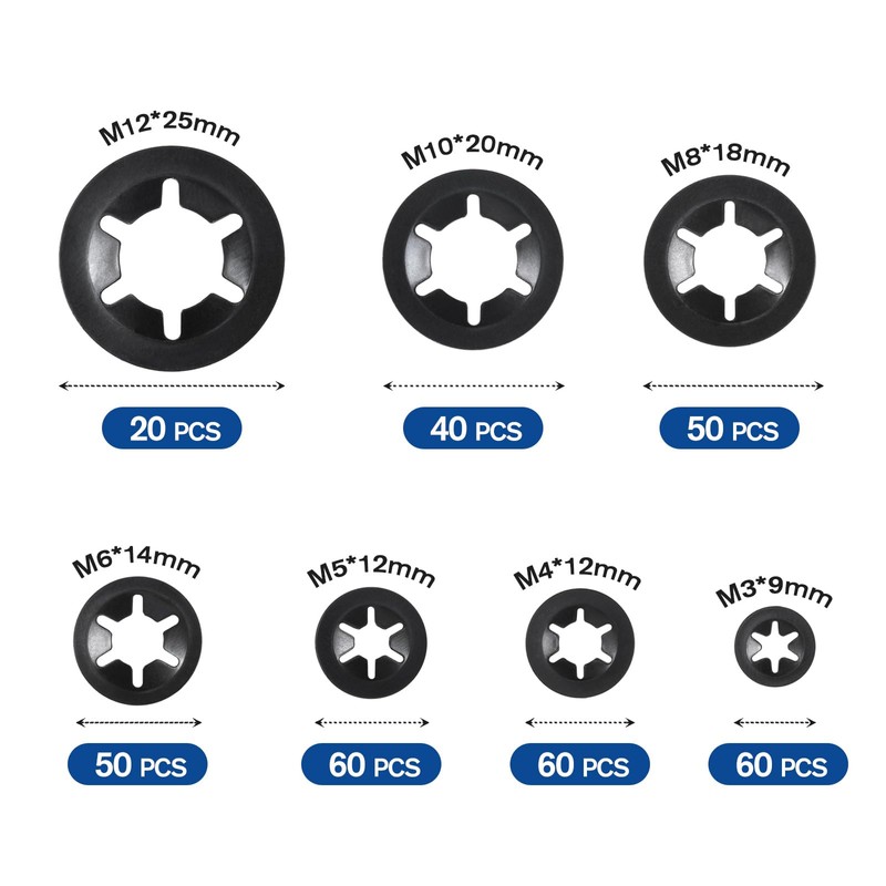 Pack of 340 circlips, locking washers, inner tooth quick release