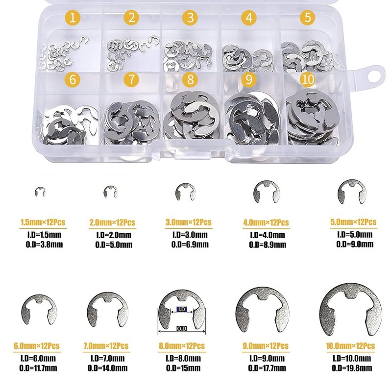 Snap Rings, E-Rings, Set of 120, M1.5-M10, Stainless Steel, Circlip