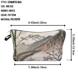 YULUENZE Floral Bamboo Cosmetic Bag Small Aesthetic Makeup Organizer Bag with Zipper Traditional Chinese Painting Style Bamboo Toiletry Makeup Bag Birthday Presents for Artists Women Friends