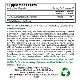 Best Naturals DHEA 100mg Supplement 60 Capsules - Supports Balanced Hormone Levels for Men & Women - Promotes Healthy Aging - USA Manufactured