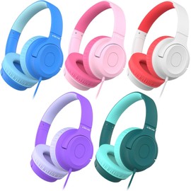 iClever Kids Headphones for School K-12, 85dBA Safe Volume, Tangle Free, 3.5mm Jack, HD Stereo, Swivel Foldable Kids Headphones with Cord for Classroom/Student/Tablets/Laptop, Bulk 5Pack