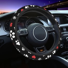 Dog Paw Print Steering Wheel Cover Black Love Paw Print Steering Wheel Covers Non-Slip Car Steering Wheel Protection Covers Women Men Car Accessories Universal 15 Inch Fit for Suvs Trucks Vans Cars