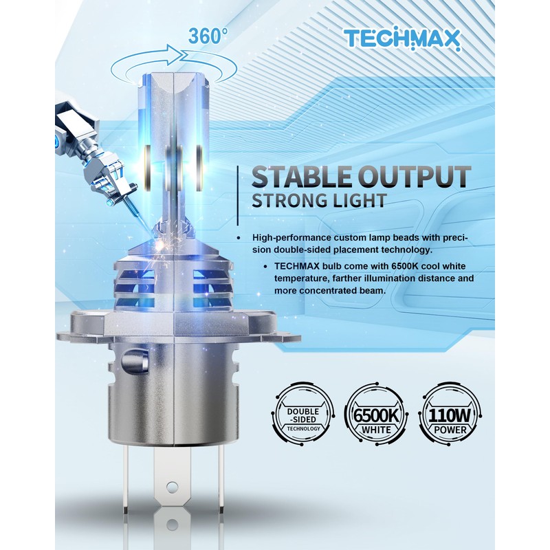 TECHMAX H4 Bulb - 800% Super Brighter, 6500K Xenon White