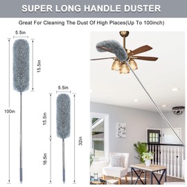 Microfiber Feather Duster with Extendable Pole, 100-inch Extra-Long Dusters Telescoping Cobweb Duster for Cleaning, Bendable and Washable Microfiber Head, Duster for High Ceiling, Fan, Furniture