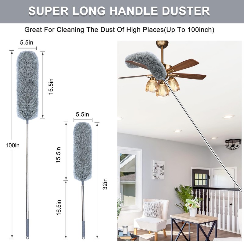 Microfiber Feather Duster with Extendable Pole, 100-inch Extra-Long Dusters Telescoping
