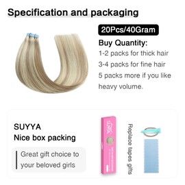 SUYYA Tape in Hair Extensions Human Hair Ash Blonde Highlighted Bleach Blonde 14 Inch 40g/pack 20pcs Straight Seamless Skin Weft Tape in Real Human Hair Extensions(14inch #P18/613)