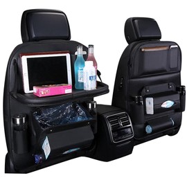 HURESON Car Back Seat Organizer with Trash Can Foldable Table Tray Tissue Holder Car Organizer for Backseat waterproof and Kick Mats Back Seat Protector (black 2pcs)