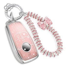 CTRINEWS for Mercedes Key Fob Cover with Fashionable Zirconia Wristlet KeyChain, Enchanting Diamond Patterns Soft Case for A C E G S Class CLA/K/S GLA/B/C GT SLC/K/S (Pink, B)
