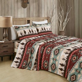 Chezmoi Collection 3-Piece Southwestern Cowboys Aztec Sheet Set Twin - Multicolor Teal Brown Beige Tan Red Printed Brushed Microfiber Lightweight Breathable Deep Pocket Bed Sheets